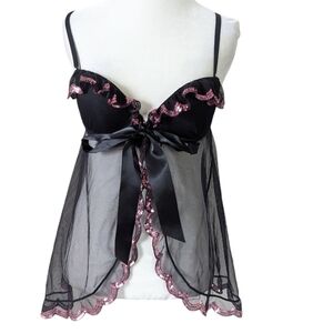 Victoria's Secret Nightie 36B Sexy Little Things Black Pink Sequin Teddy Bow Tie